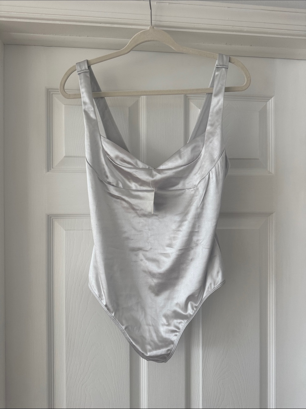 Free People Silver Satin Cowl-Neck Bodysuit